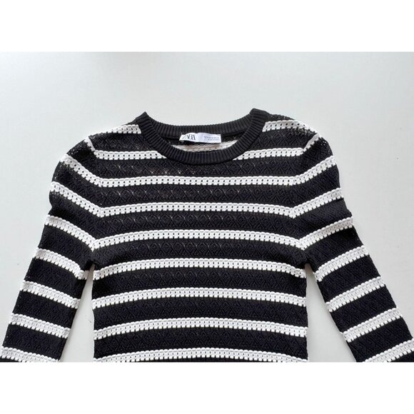NWOT ZARA Black White Striped Synthetic Pointelle Knit Ruffle Sweater, Size M - Picture 7 of 12